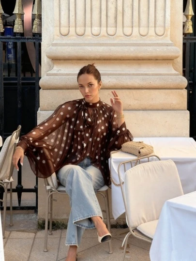 Women's Elegant Casual Fashion Coffee Brown Polka Dot Pattern Blouse - Bow Tie, Lantern Sleeve, Loose, Pleated, Semi-Sheer