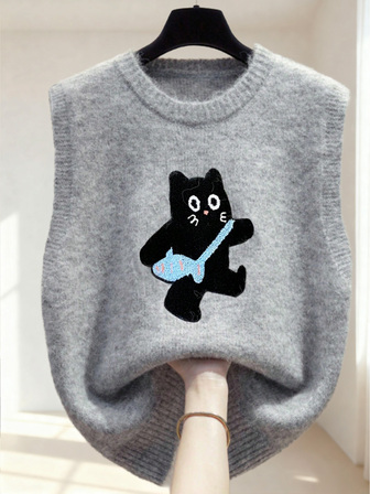 Söt & Ungdomlig Djurfärgblocksbroderad Ärmlös Tröjväst, Moderiktig & Mångsidig, Grå, Höst