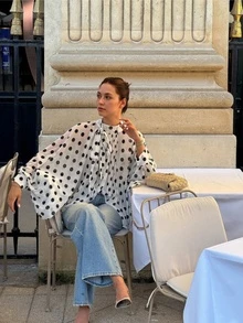 Women's Elegant Casual Fashion Beige Polka Dot Pattern Blouse - Bow Tie, Lantern Sleeves, Loose, Pleated, Semi-Sheer - Multicolor - View 2