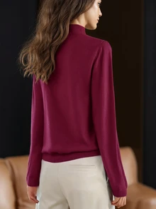 新款女士高领针织毛衣，修身剪裁，秋冬季百搭打底衫 - 酒紅色 - 查看 2