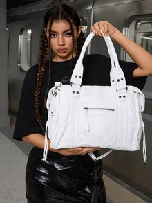 DareSee 女士时尚街头朋克复古单肩包，大容量Y2K辣妹机车手提包，纯素皮革城市通勤包，可拆卸肩带斜挎包，适合日常使用和聚会，是完美的节日礼物，新款女士手提包，音乐节礼物 - 白色 - 查看 1