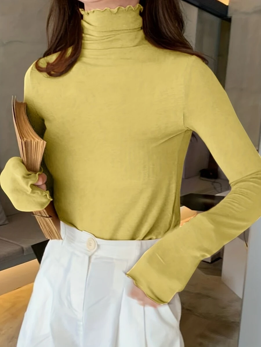 Women Turtleneck Long Sleeve T-Shirt, Tight Fit, Layering Knit Top, Versatile For Autumn/Winter - Yellow - View 1