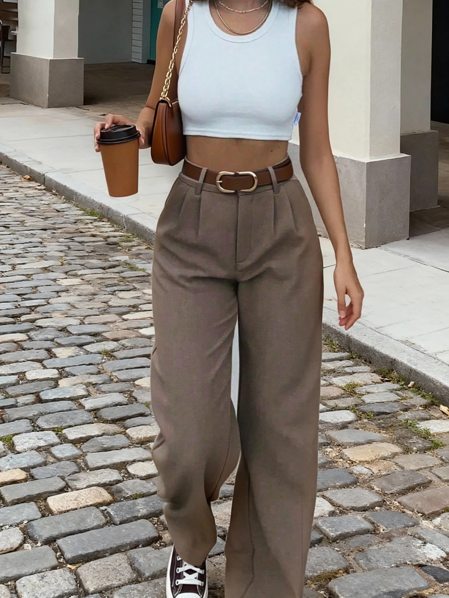 Buzzelle Quần tây nữ cạp cao kiểu vintage SMILE CHIC, phù hợp cho mùa xuân/hè, dáng rộng thoải mái, chất liệu vải mềm mại, thoáng khí, ống đứng, ống rộng, thích hợp mặc đi làm hàng ngày. - Cà phê nâu - Xem 1