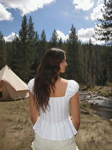 女士纯色休闲/通勤乡村春夏衬衫 白色 - 白色 - 查看 5