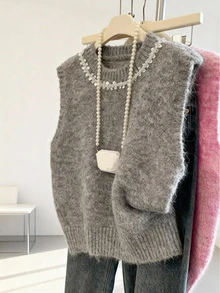 Embellished Beaded & Sequin Knit Solid Color Women Sweater Vest, Retro Chic, Versatile Spring Fashion - Grey - View 2