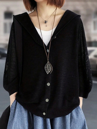 女式轻薄镂空针织开衫，宽松加大码设计，春夏季，连帽，七分袖，前部纽扣