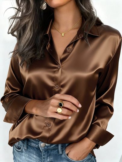 Camisa de satén para mujer, blusa casual de negocios con botones y solapa entallada, elegante para oficina y tiempo libre en otoño, invierno y primavera