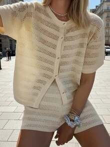 Ensemble élégant en tricot pour femmes, 2 pièces, short à manches courtes pour le printemps/automne, cardigan à col rond pour l'automne/hiver, tenue polyvalente