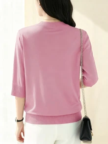 女士精致针织立领中袖毛衣上衣，时尚优雅宽松七分袖打底衫，春秋季 - 粉紅色 - 查看 2