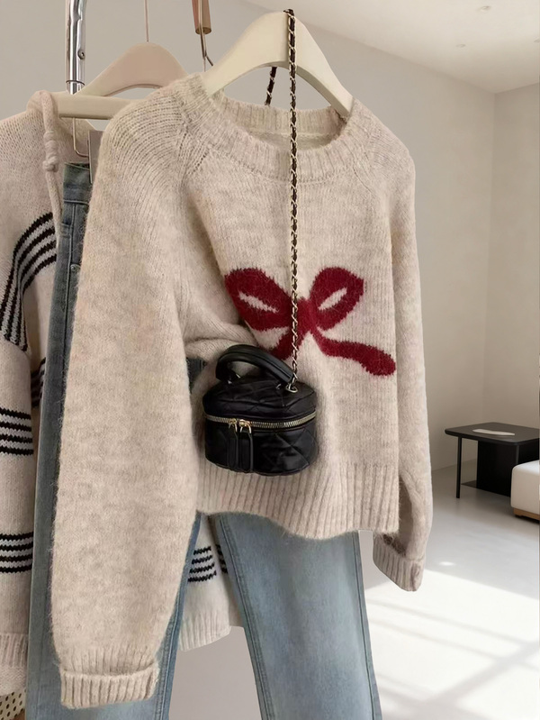 Bow Knit Pullover Sweater, Ribbed Crew Neck Cute Sweater For Women, Autumn