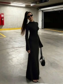 女士优雅黑色连衣裙 | 鱼尾裙摆喇叭袖修身休闲连衣裙 | 适合通勤、约会、聚会、派对、毕业典礼、演出、工作、周年纪念和生日等场合 | 2026春夏款 | 情人节连衣裙 - 黑色 - 查看 2