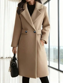 Áo khoác len pha sợi giả ôm sát SMILE CHIC, túi và nút màu trơn, thích hợp mặc khi hẹn hò và mặc hàng ngày, mùa thu/đông - Màu Khaki - Xem 1