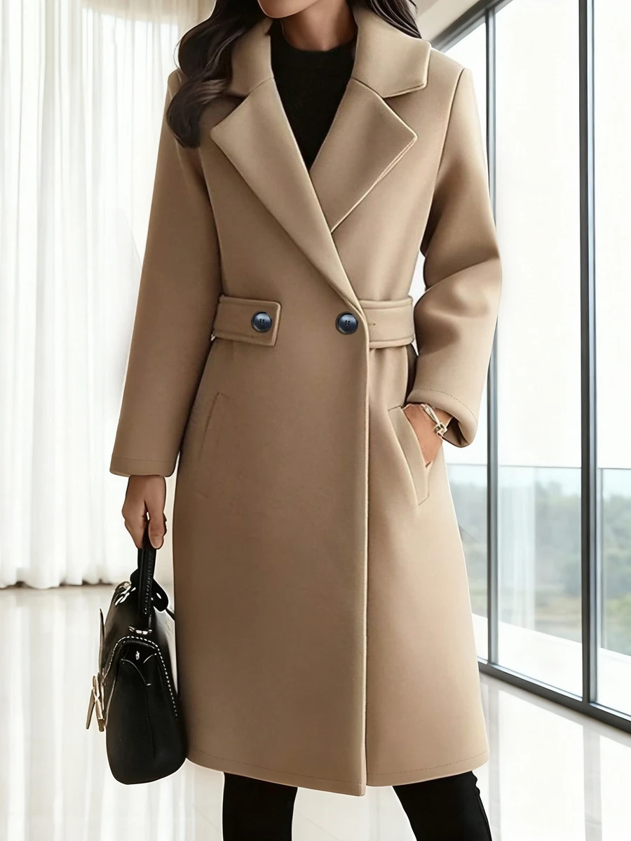 Áo khoác len pha sợi giả ôm sát SMILE CHIC, túi và nút màu trơn, thích hợp mặc khi hẹn hò và mặc hàng ngày, mùa thu/đông - Màu Khaki - Xem 1