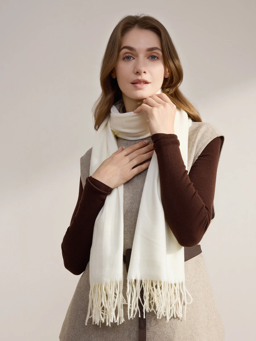 Clariva 1 Khăn choàng cổ cashmere tua rua màu trơn thời trang thu đông cho nữ, dày và ấm, dùng được cả hai mục đích: khăn choàng cổ/khăn quàng cổ, quà tặng Giáng sinh - trắng - Xem 1