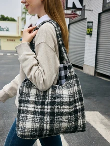 Hatastic 女士冬季仿羊羔绒撞色手提包，时尚大容量手提包，圣诞礼物 - 黑色 - 查看 3