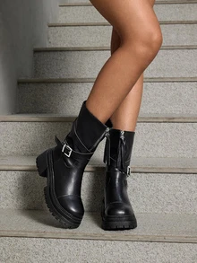 DareSee 秋冬季黑色条纹搭扣前拉链厚底圆头优雅百搭通勤时尚女靴，圣诞礼物 - 黑色 - 查看 2
