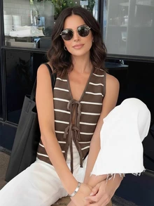 Joy Knit 女款春夏新款针织上衣 - 休闲简约 V 领条纹系带蝴蝶结背心罩衫