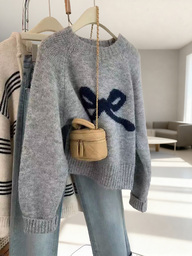 귀여운 보우노트 크로셰 골지 크루넥 풀오버 스웨터 여성용, 가을