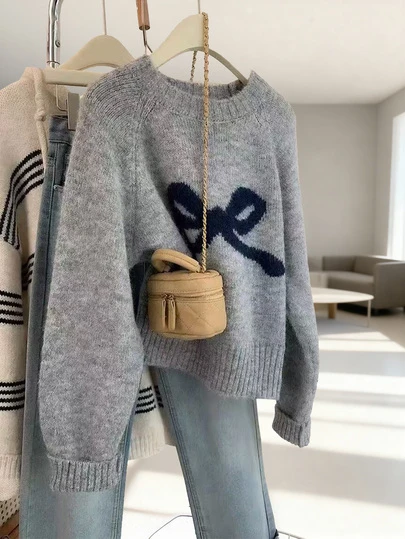 귀여운 보우노트 크로셰 골지 크루넥 풀오버 스웨터 여성용, 가을