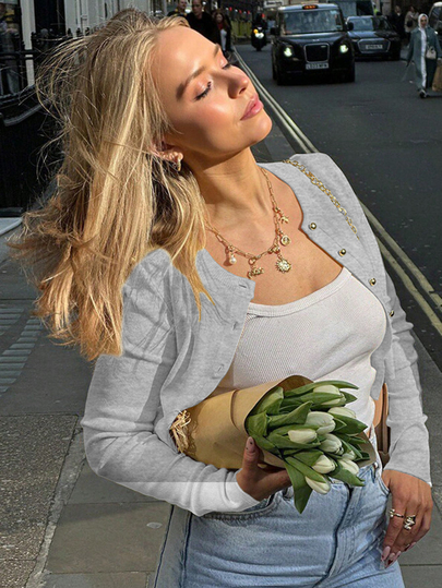 Fashionable Street Style Button-Up Cardigan, Solid Color Slim Fit Long Sleeve Top