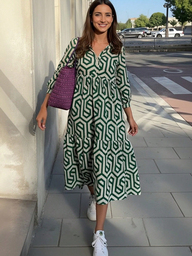 Autumn Women's Clothing, Women's Autumn Dresses, Long Sleeve Lapel Geometric Pattern Shirt-Style Open Collar Dress, Suitable For Commuting, Daily Wear, Outdoor, Women's Teacher Dress, Back To School, Soft Woven Fabric