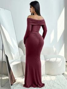 女式金属扣露肩褶饰修身连衣裙，时尚街头风格 - 酒紅色 - 查看 2