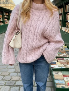 SEREN Winter New Women's Pink Cable-Knit Pullover Sweater With Rib-Knit Details And Long Sleeves For Everyday Wear,Valentine's Day