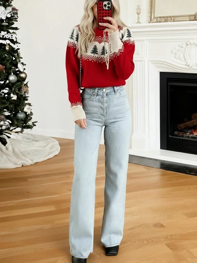 2025圣诞节柔软菱格纹撞色几何图案毛衣，圣诞树红色假日秋冬款