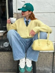 Buzzelle 优雅女士针织开衫纯色上衣，圣诞节感恩节新年服装，别致纯色法式宽松毛衣外套，秋冬季百搭休闲毛衣 - 黃色 - 查看 2