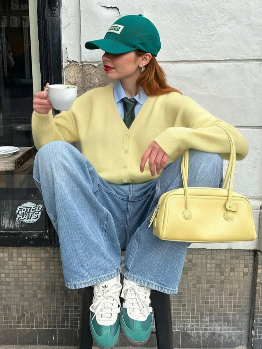 Knit Mix Áo khoác cardigan dệt kim màu trơn thanh lịch dành cho nữ, thích hợp cho Giáng sinh, Lễ Tạ ơn, Năm mới, áo len dệt kim dáng rộng kiểu Pháp màu trơn độc đáo, áo len dệt kim thường ngày đa năng cho mùa thu/đông. - Màu vàng - Xem 1