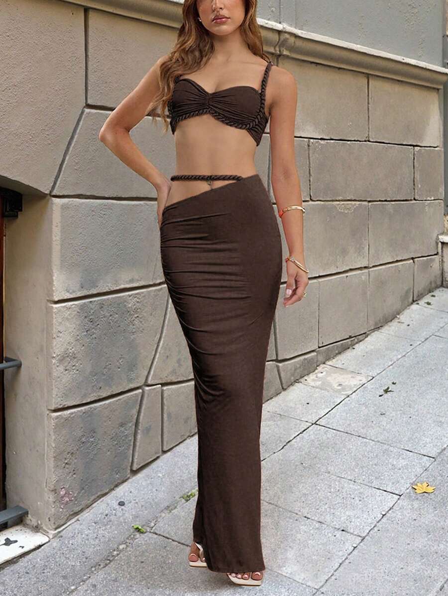 性感露背吊带背心和百褶裙套装，夏季度假装，性感度假连衣裙 - 咖啡 - 查看 1