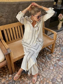 2026 Spring/Summer New Women's Striped Elegant Casual Long Sleeve Shirt & Button-Up Two Pieces Set - Multicolor - View 1