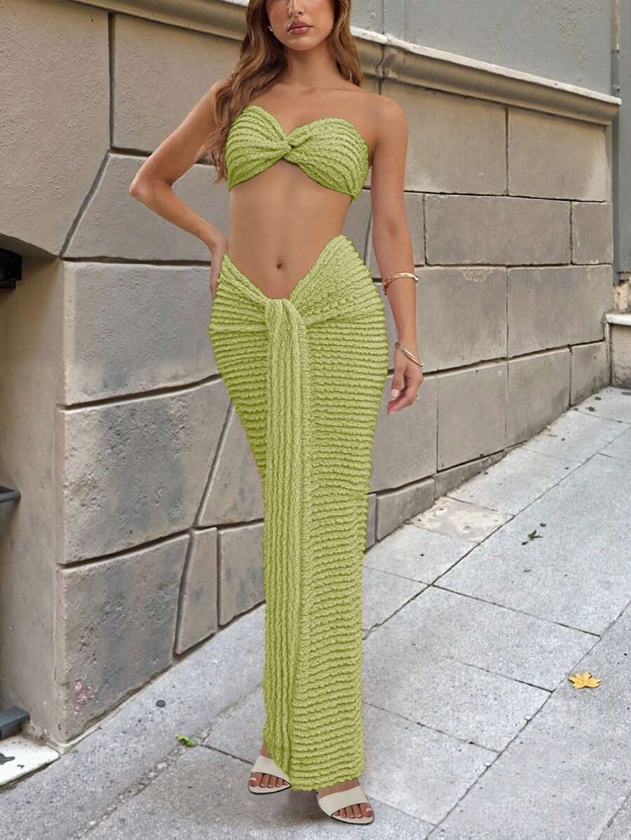 Street Fashion Crop Top And High Waist Tie Belt Long Skirt 2 Pieces Set - Green - View 1