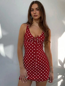 女士波尔卡圆点印花镂空系带时尚迷你连衣裙，优雅度假复古风格音乐节，修身紧身短裙，适合夏季 - 紅色 - 查看 4