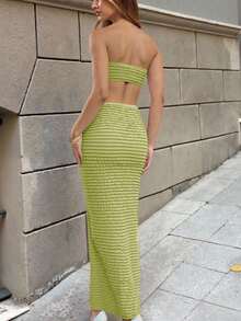 Street Fashion Crop Top And High Waist Tie Belt Long Skirt 2 Pieces Set - Green - View 2