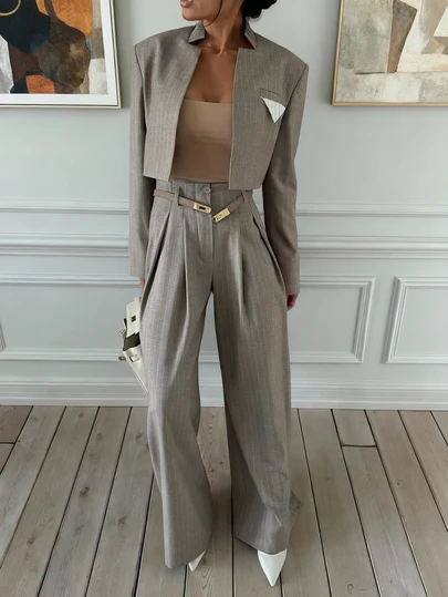 Women's 2-Piece Set - Gray French Elegant Commuter Vintage Striped Collar Short Blazer Jacket - Elastic Waist Loose Casual Wide Leg Pants - New Ladies Fashion Outfit Spring Vacation