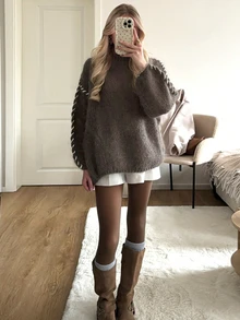 Buzzelle 2025秋冬新款柔软粗线撞色滚边圆领长袖套头毛衣，休闲百搭，咖啡棕色 - 咖啡棕 - 查看 4