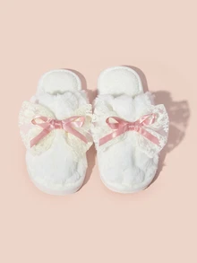 Hatastic Autumn/Winter Cute Girl Lace Bowknot Home Slippers, Women Indoor Lightweight Non-Slip Warm Plush Slip-On Slippers Gifts Music Fest - Pink - View 2