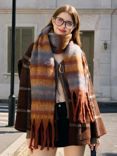 Hatastic 1件装 女士棕色涤纶凌乱编织条纹针织围巾 圣诞礼物