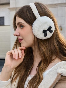 Hatastic 1pc Y2K Cute Pink Bow Decoration Plush Foldable Earmuffs, Women's Winter Windproof Earmuffs For Cycling And Outdoor Activities Gifts Music Fest - White - View 2