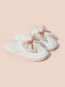 Hatastic Autumn/Winter Cute Girl Lace Bowknot Home Slippers, Women Indoor Lightweight Non-Slip Warm Plush Slip-On Slippers Gifts Music Fest - Pink - View 3