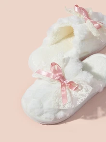 Hatastic Autumn/Winter Cute Girl Lace Bowknot Home Slippers, Women Indoor Lightweight Non-Slip Warm Plush Slip-On Slippers Gifts Music Fest - Pink - View 5