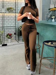 Women's Fashion Cropped Short Sleeve Top And Tie-Waist Flare Pants Sports Suit, Spring/Autumn - Brown - View 1