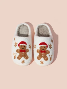 Hatastic 可爱卡通姜饼人女士冬季假日派对家居拖鞋礼物音乐节 - 白色 - 查看 2
