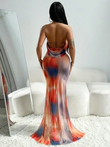 Sexy Backless Lace-Up Mesh Contrast Sleeveless Dress - Multicolor - View 2