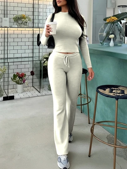 Women's Fashion Cropped Long Sleeve Top And Tie-Waist Flare Pants Sports Suit, Spring