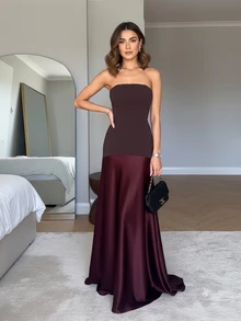 Vestido de mujer de unicolor, de tela popelín de contraste, sexy, informal, de vacaciones, elegante y de fiesta, sin tirantes