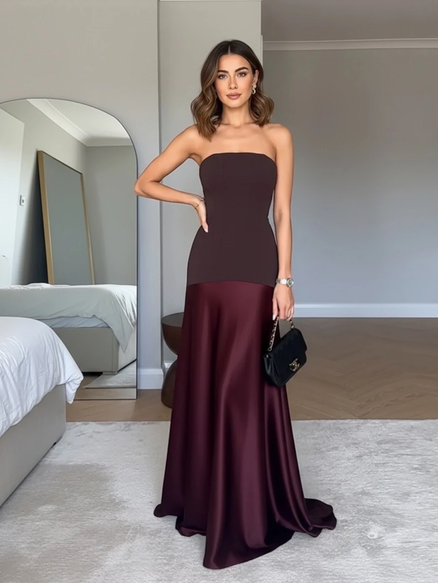 Vestido de mujer de unicolor, de tela popelín de contraste, sexy, informal, de vacaciones, elegante y de fiesta, sin tirantes