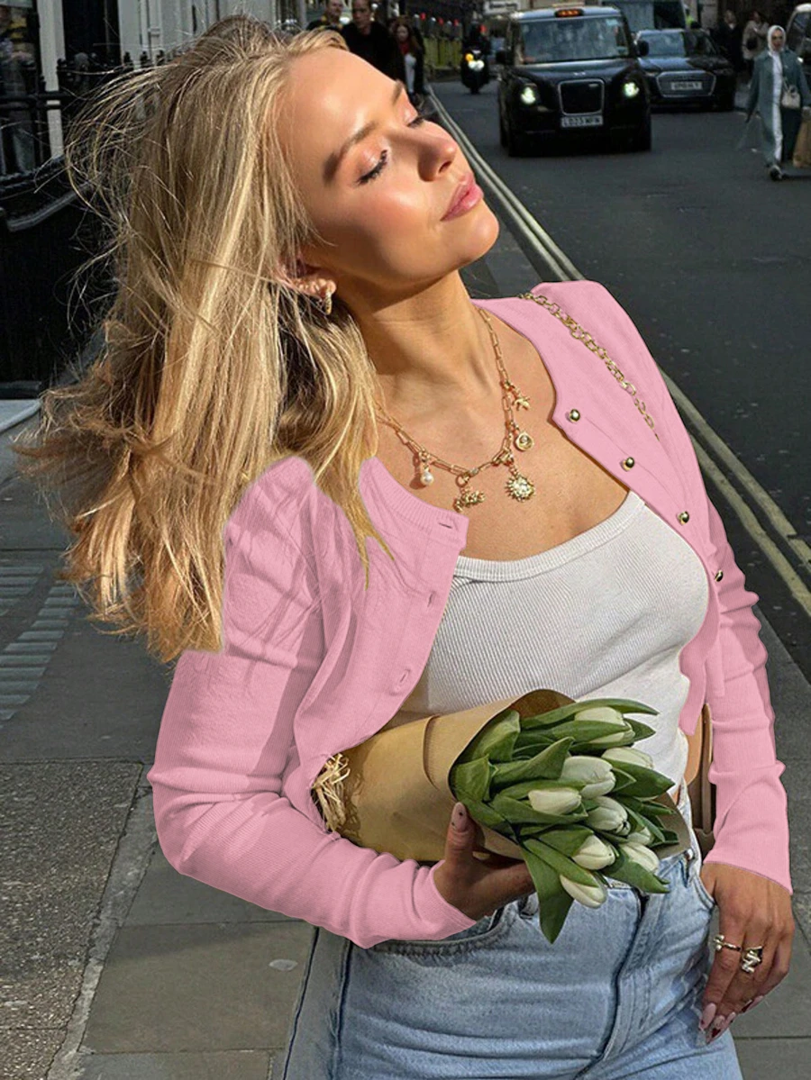 Women's Fashionable Pink Knit Cropped Cardigan With Button Detail And Long Sleeves - Pink - View 1