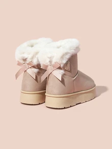 Hatastic 2025冬季新款时尚女式保暖蝴蝶结加厚底防滑雪地靴圣诞礼物 - 米色 - 查看 4